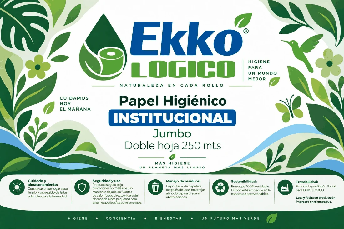 Papel higiénico institucional Ekko Lógico Jumbo, doble hoja, 250 metros.